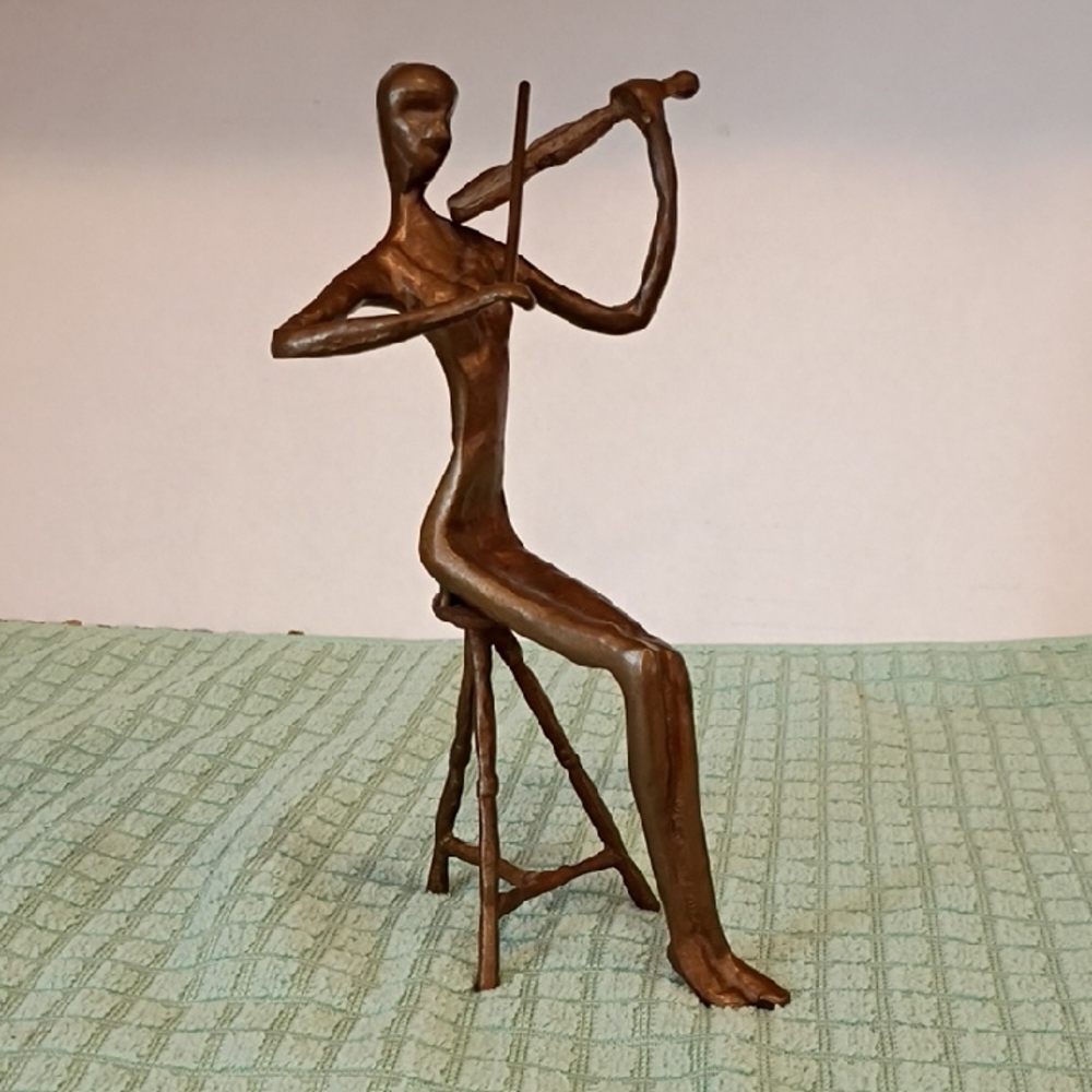 Vintage Bronze Brutalist Violinist Sculpture Art Figure Seated Music Chic